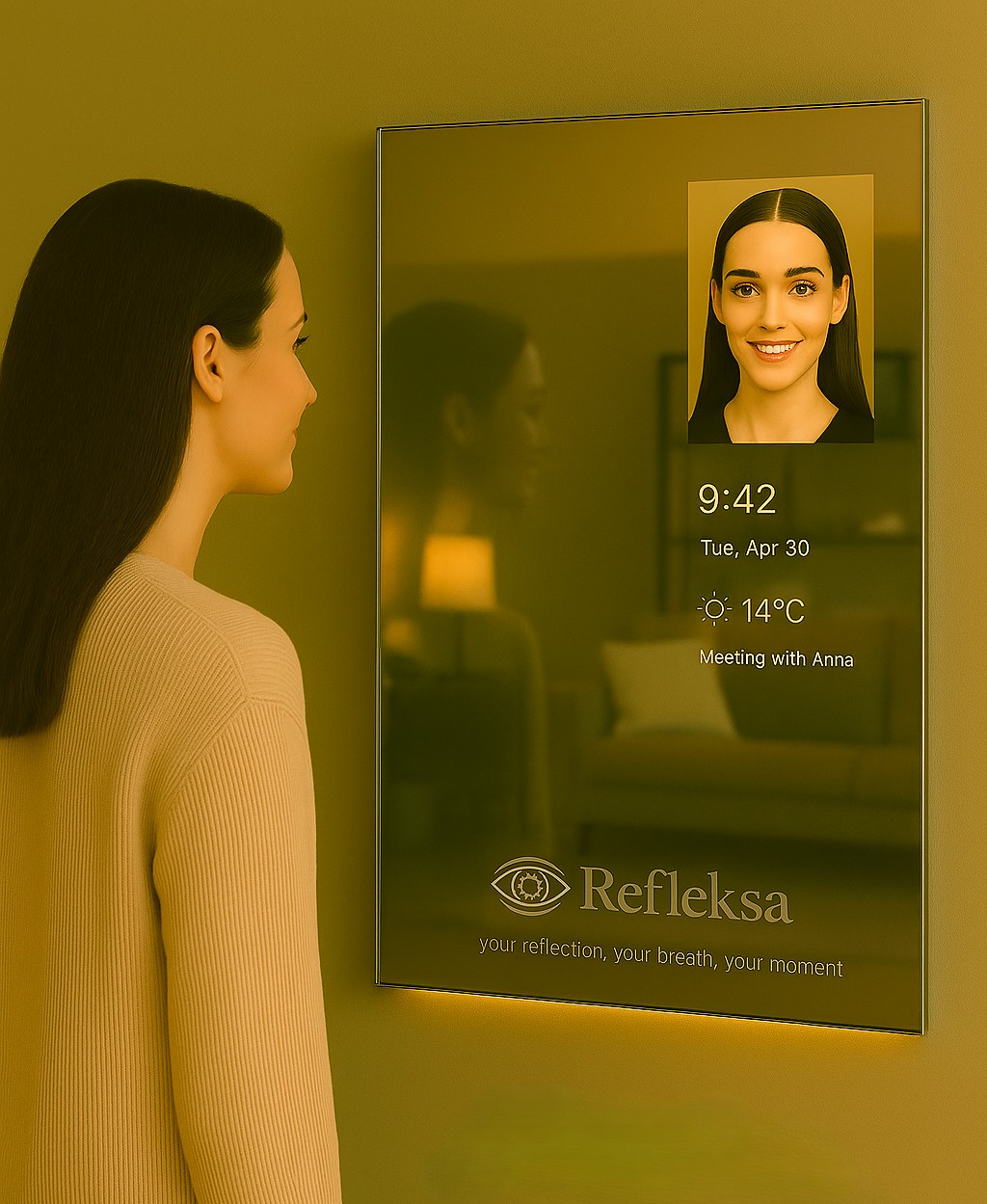 Warm living room with responsive digital mirror